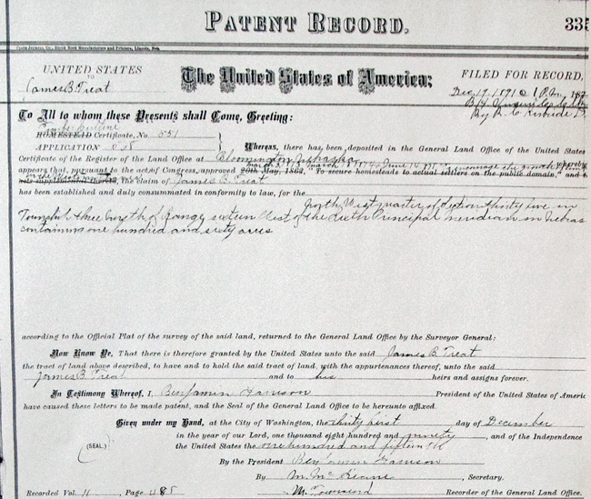 J B Treat Homestead Patent 1891 Franklin Co NB