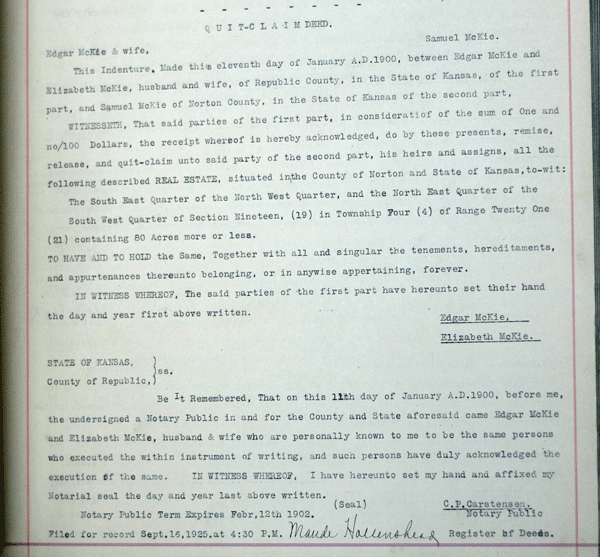 Sam McKie purchase of 80 acres from Edgar McKie