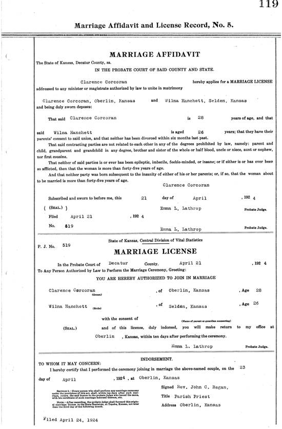 Clarence and Wilna Corcoran Marriage License