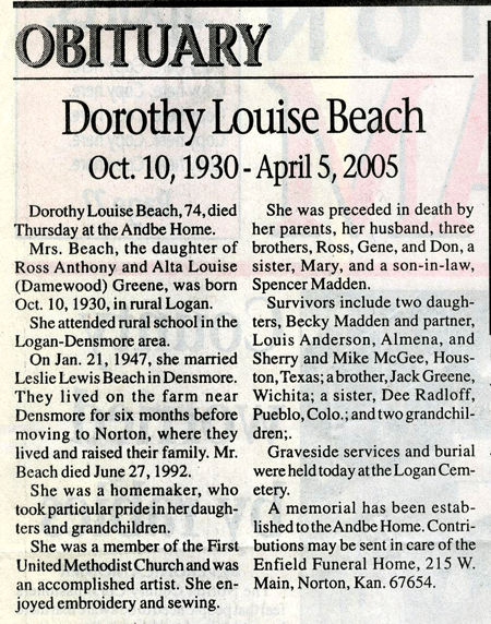 Dorothy Beach Obit