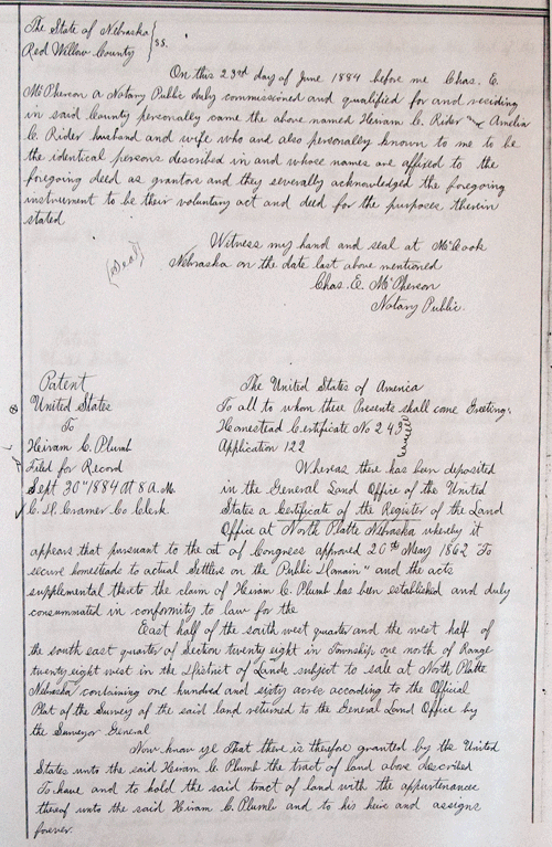 Hiram Plumb Homestead Land Patent