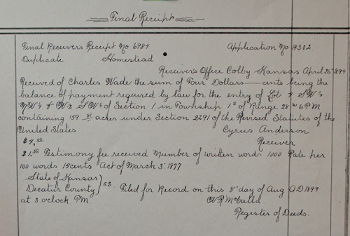 John Wade Homestead Final Receipt