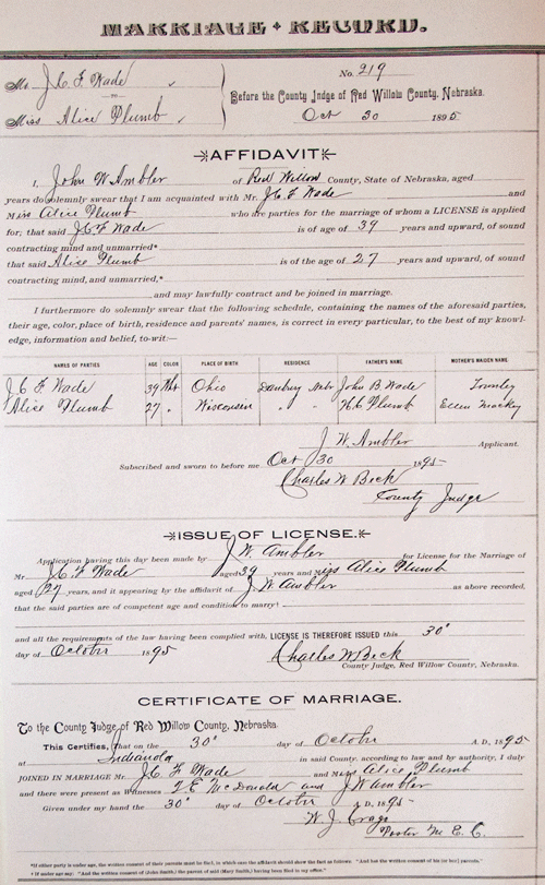 John Wade and Alice Plumb Marriage